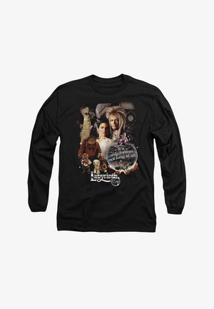 Black long-sleeve t-shirt featuring a colorful labyrinth-themed graphic with characters and text: "It's only forever, not long at all."