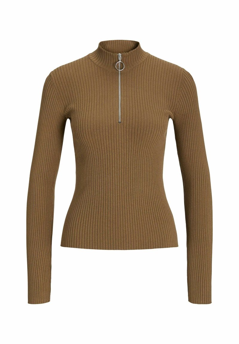 Maglia a maniche lunghe marrone a coste con collo alto e dettaglio in metallo argentato alla collana. Forma aderente e tessuto testurizzato.