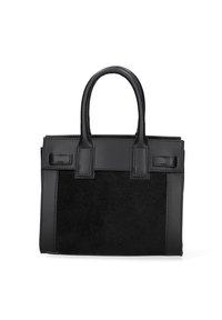 Borsa nera in pelle e pelliccia testurizzata, forma rettangolare strutturata, doppio manico superiore e accenti hardware minimalisti.