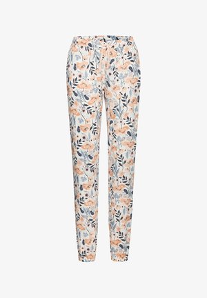 Blumenmuster-Pyjama-Hose mit einem Kordelzugbund, verziert mit pastellorangefarbenen Blumen und dunkelblauen Blättern auf hellem Hintergrund. Weicher Stoff.