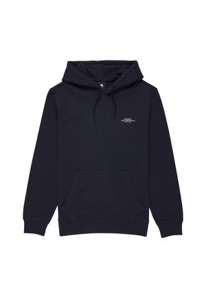 Navy blue hoodie made of soft fabric, featuring a front pocket, drawstring hood, and small white logo on the left chest.