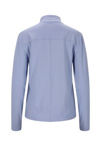 Helles blaufarbene Langarmjacke aus glattem, elastischem Stoff. Verfügt über einen hohen Kragen und einen schlichten, ungeschmückten Rücken mit Nahtdetails.