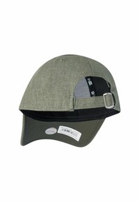 Green fabric cap with a curved brim, textured surface, adjustable back strap, and internal tag with a barcode.
