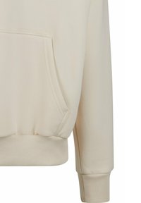 Cremefarbener Sweatshirt aus weichem Stoff, mit einer Fronttasche, gerippten Bündchen und einem Saum mit glatter Textur.