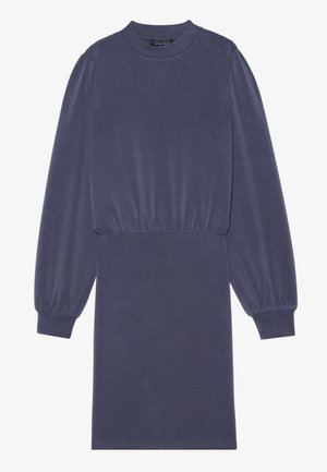 Navyblaues Langarmkleid mit rundem Ausschnitt, geraffter Taille und elastischen Bündchen, aus einem weichen, glatten Stoff mit minimalistischem Design.