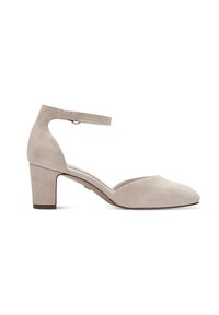 Scarpe beige in suede con tacco e punta rotonda, dotate di una cinghia alla caviglia. Presentano un tacco medio a blocco e una superficie liscia e opaca.