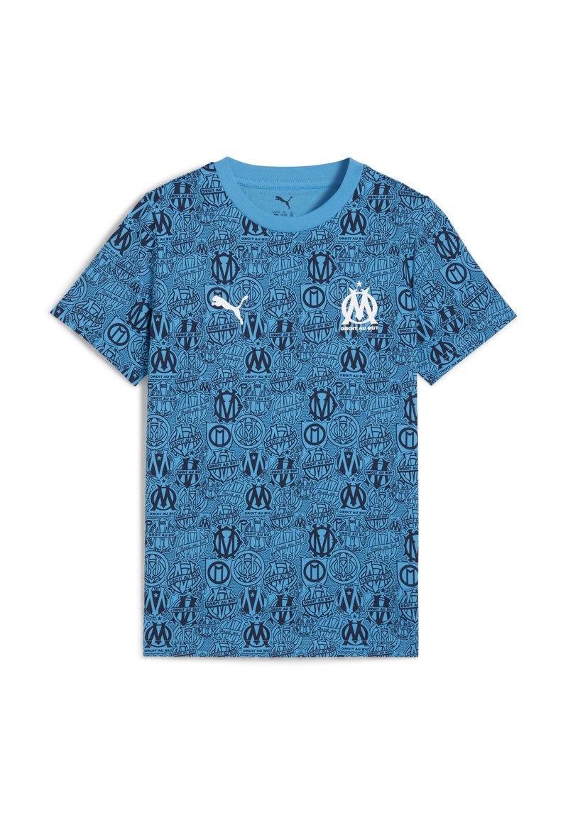 T-shirt en coton bleu avec un motif répétitif de logos bleu foncé et noir, col rond et manches courtes. Logo Puma sur la poitrine gauche.