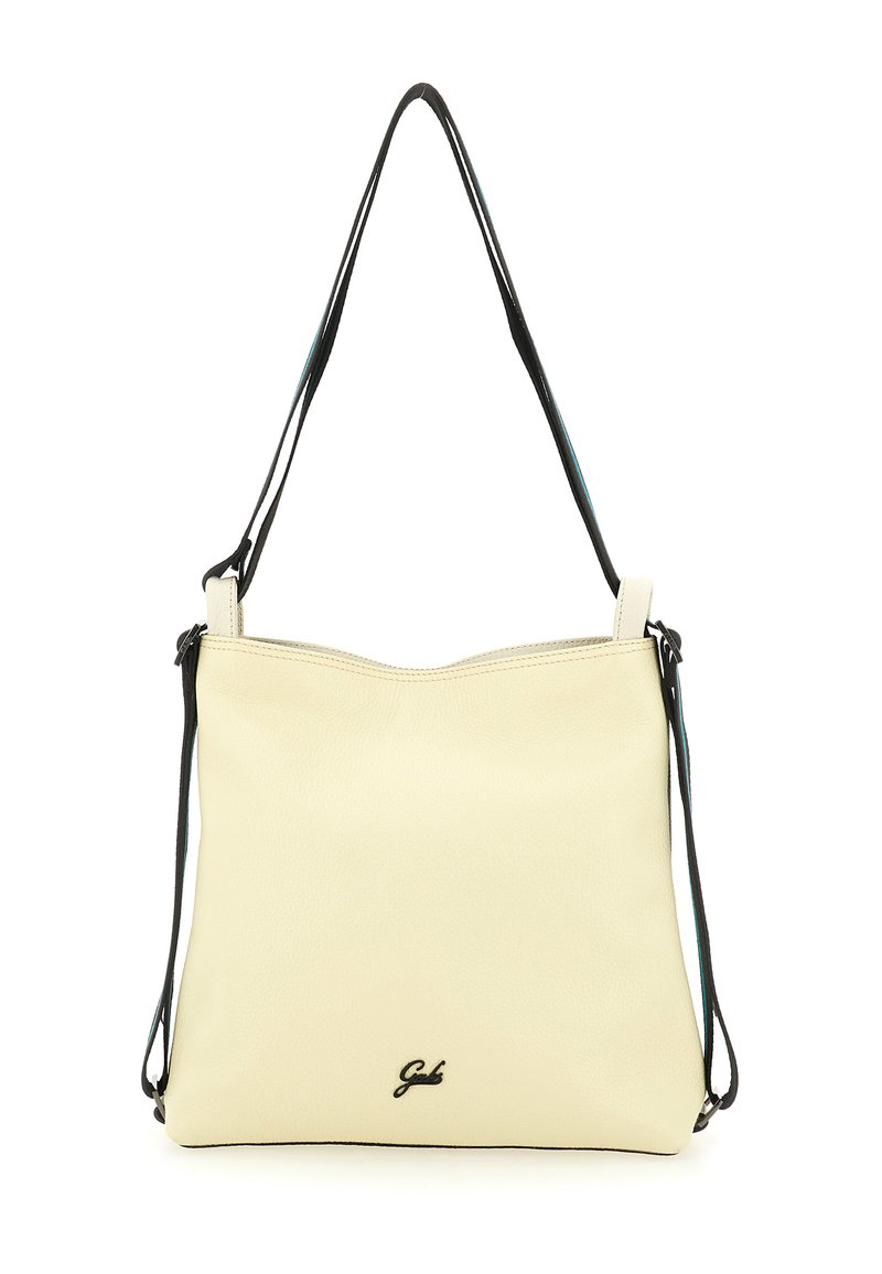 Borsa a tracolla in pelle color crema con una texture morbida, dettagli neri e tracolla. Presenta un logo discreto del marchio sul davanti.