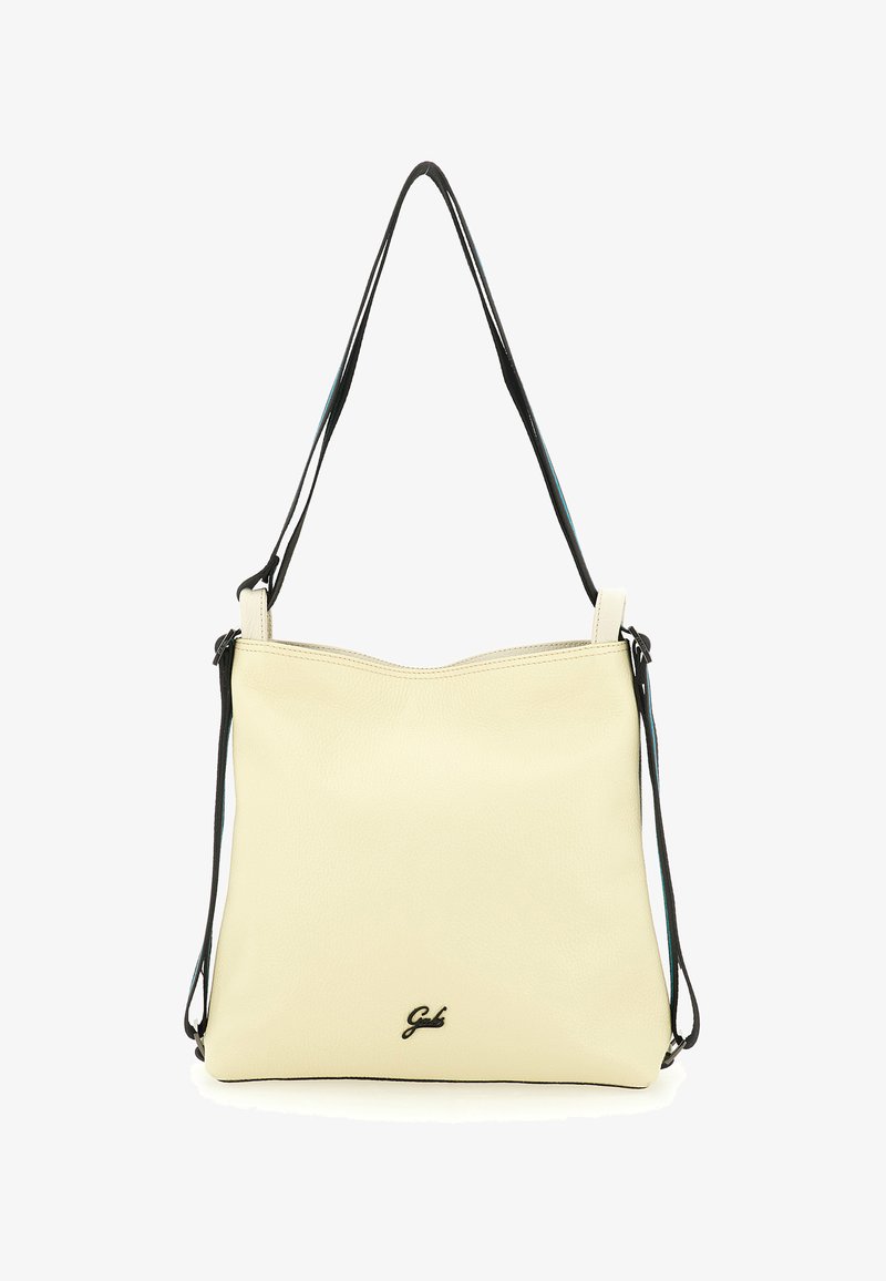 Borsa a tracolla in pelle color crema con una texture morbida, dettagli neri e tracolla. Presenta un logo discreto del marchio sul davanti.