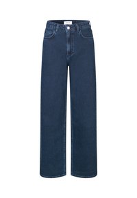 Wide-leg denim jeans in dark blue with a classic five-pocket design, button closure, and visible stitching along the seams.
