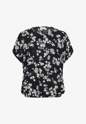 Mörkblå blus med vitt blommönster, kort ärm, rund halsringning och avslappnad passform. Tillverkad av lätt tyg med subtil textur.