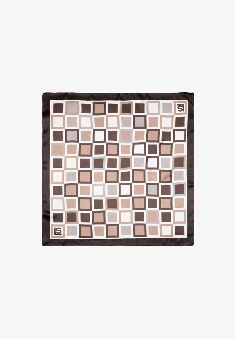 Zīda šalle ar ģeometrisku rakstu, kuru veido pārklājoši kvadrāti bēšās, brūnās un gaiši pelēkās krāsās uz tumši brūnas malas.