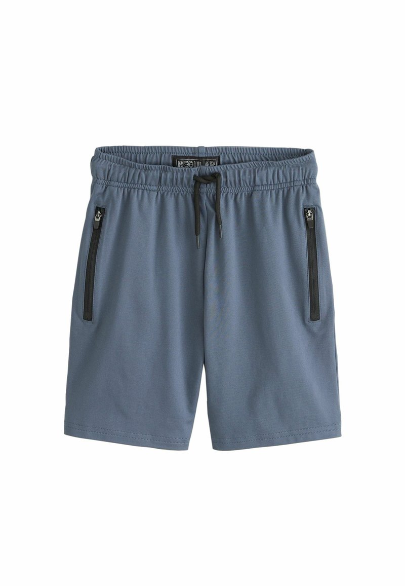 Grijze sportieve shorts van zacht stof, met een elastische tailleband, trekkoord en twee ritszakken aan de zijkanten.