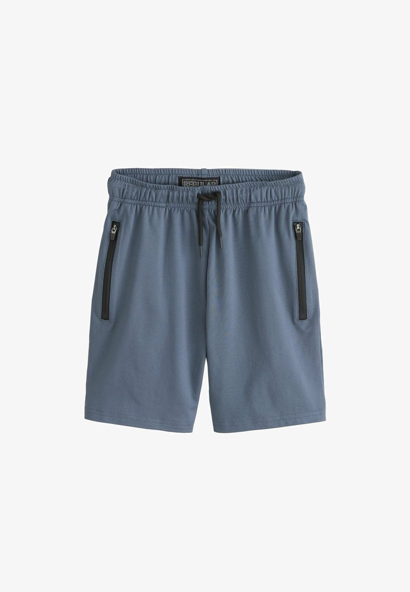 Shorts gris à taille élastique avec cordon noir et deux poches zippées verticales à l'avant.