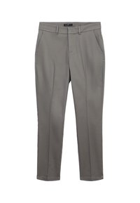 Pantalons gris à coupe droite, devant plat, deux poches latérales et zip. Fabriqués dans un matériau lisse et léger.