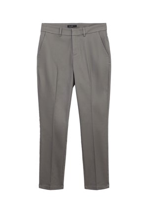 Pantaloni grigi con una vestibilità dritta, frontale piatto, due tasche laterali e zip. Realizzati in un materiale leggero e liscia.