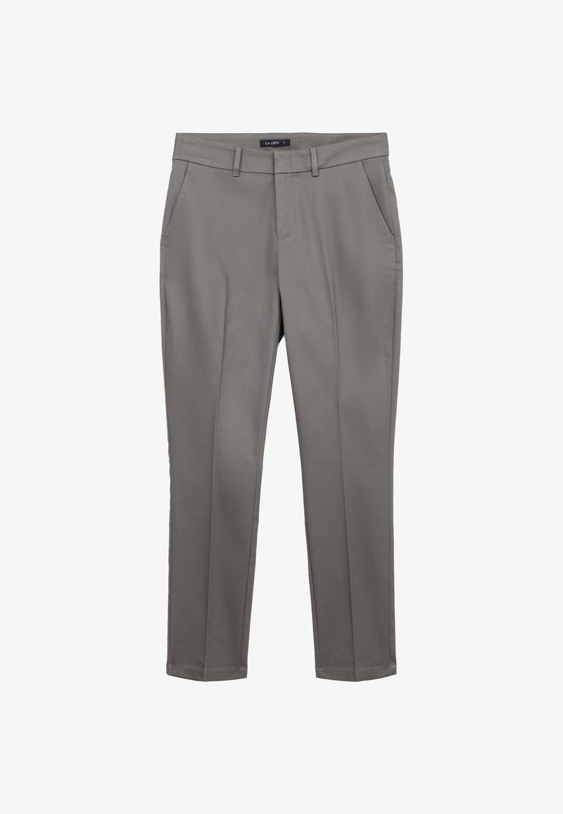 Pantalons gris à coupe droite, devant plat, deux poches latérales et zip. Fabriqués dans un matériau lisse et léger.