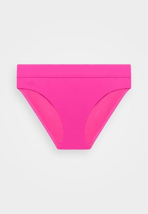 Fuchsia swim briefs with a wide waistband, smooth texture, and curved side cutouts. Features subtle branding on the side.