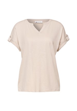 Béžová krátký rukáv halenka s výstřihem do V, zrolované rukávy upevněné knoflíky, vyrobená z lehké látky.
