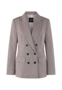 Double-breasted grey blazer with a pinstripe pattern, notched lapels, black buttons, and two front pockets. Smooth fabric texture.