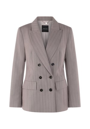 Grau gestreifter Doppelreiher-Blazer mit Reverskragen, schwarzen Knöpfen und zwei Fronttaschen. Glattes Stoffgefühl.