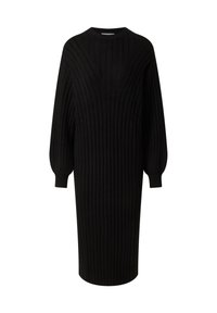 Zwart geribd sweaterjurk met een ronde halslijn, ballonmouwen en een aansluitende taille, gemaakt van een zachte breimateriaal.
