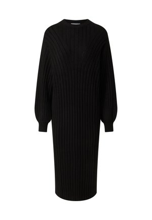 Zwart geribd sweaterjurk met een ronde halslijn, ballonmouwen en een aansluitende taille, gemaakt van een zachte breimateriaal.