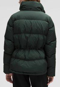 Tumedat rohelised puffer-jakid kõrge kaelusega, millel on tikandid ja elastne vöökoht. Sile tekstuur, minimaalsed detailid.