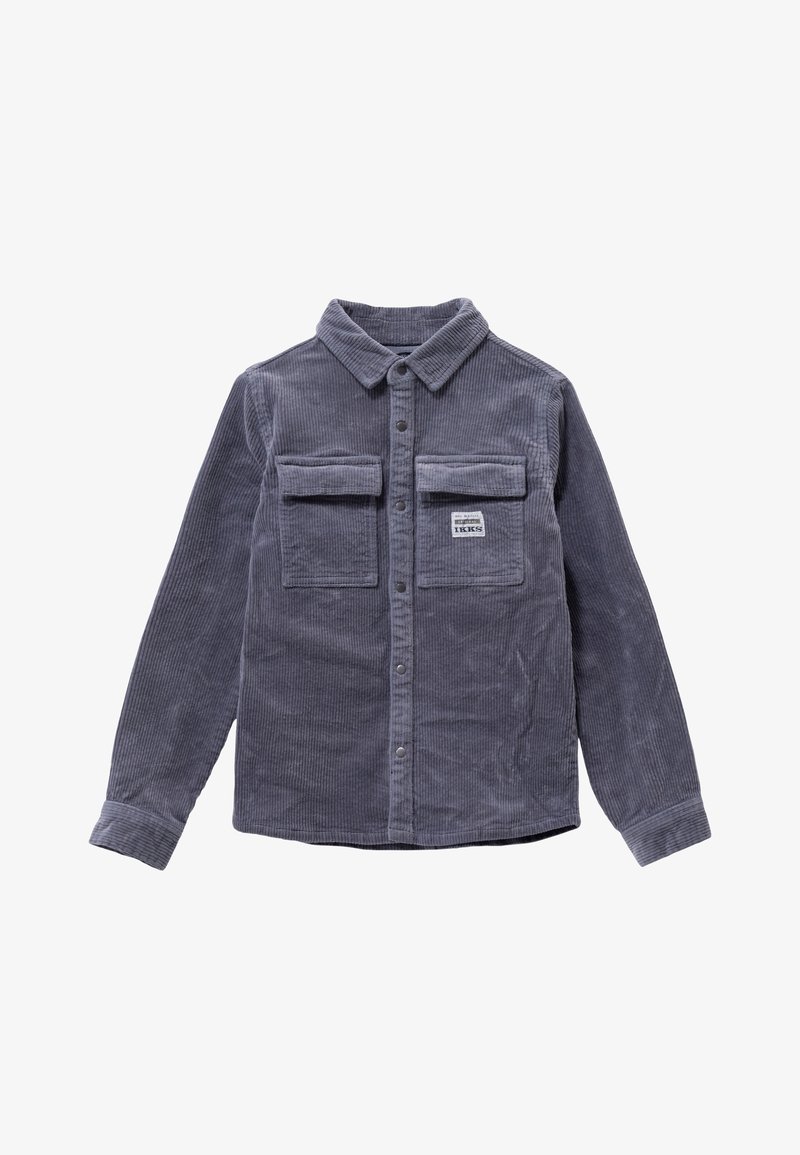 Szara koszula z korduroy z długim rękawem, z kołnierzykiem na guziki, dwiema kieszeniami na piersiach oraz subtelnym wzorem teksturowanym. Zawiera grawerowaną metkę marki.