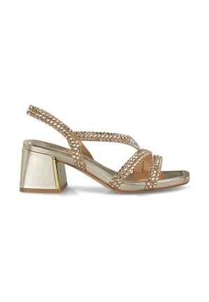 Sandalias de tacón dorado con rhinestones decorativos en las correas, diseño de punta abierta y tacón cuadrado. Textura suave con acentos metálicos.