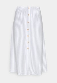 Striped skirt featuring light blue and white vertical stripes, an elastic waistband, and wooden buttons down the front. Soft fabric texture.