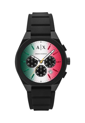 Black silicone strap watch featuring a round black case, a multicolored gradient dial with three sub-dials, and a date display at 6 o'clock.