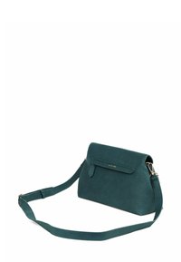 Zelená kabelka přes rameno z umělé kůže se strukturovaným tvarem, předním klopovým zapínáním a dekorativním akcentem na popruhu. Obsahuje odnímatelný a nastavovací popruh přes rameno.