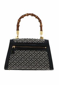 Borsa a tracolla nera e grigia con motivo, dalla forma strutturata, manico in bambù, accessori in oro e una tasca con zip frontale. Materiale testurizzato con dettagli.