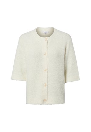 Roomkleurig, korte mouw, gebreid vest met ronde hals en vijf knopen aan de voorkant, textuurrijke zachte stof.