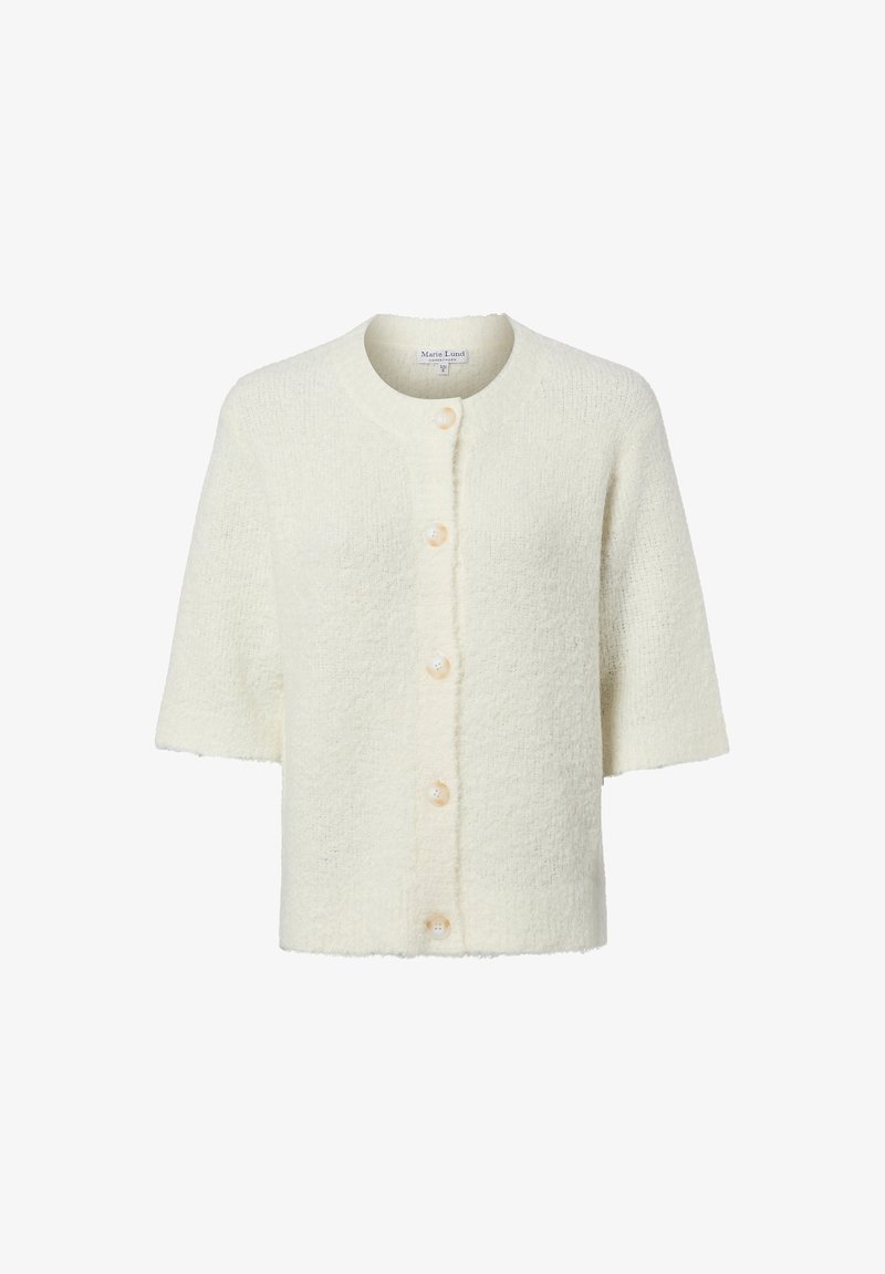 Roomkleurig, korte mouw, gebreid vest met ronde hals en vijf knopen aan de voorkant, textuurrijke zachte stof.