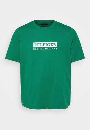 Grønn bomulls t-skjorte med korte ermer og rund hals. Har et hvitt trykk med "HILFIGER EST. MCMLXXXV" på forsiden.