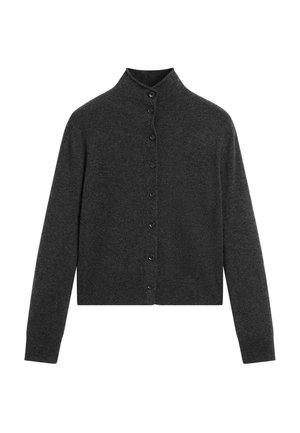 Cardigan grigio scuro con collo alto, maniche lunghe e bottoni frontali. Realizzato in un morbido materiale testurizzato. Taglio uniforme, vestibilità su misura.