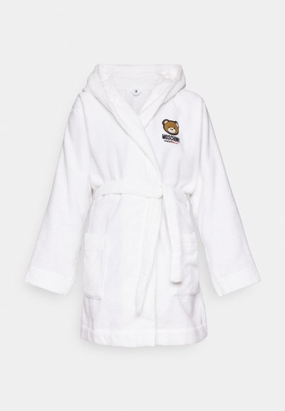 White bathrobe made of plush terry fabric, featuring a hood, belt, two front pockets, and an embroidered bear logo with "Moschino" text.