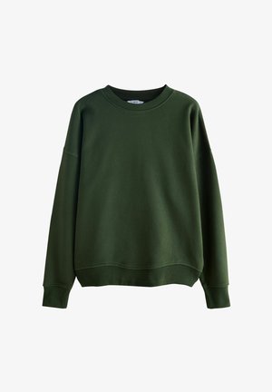 Dunkelgrüner Langarm-Crewneck-Pullover mit gerippten Bündchen und Saum, auf einem weißen Hintergrund präsentiert.