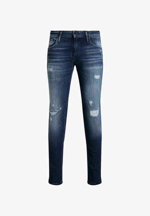 Dunkelblaue Slim-Fit-Jeans mit ausgebleichten Stellen und abgenutzten Partien an Oberschenkeln und Knien, mit Vordertaschen und Gürtelschlaufen.