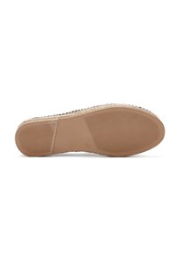 Lichtbruine espadrillezool met een gestructureerd rubberen oppervlak. De bovenkant heeft geweven stof met een natuurlijke vezelfinish. Veilige en flexibele ontwerpeigenschappen.