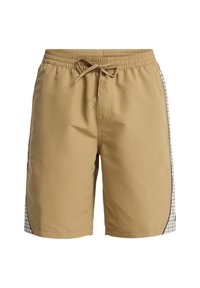 Μαγιό σορτς σε χακί χρώμα με ελαστική μέση και κορδόνι, που διαθέτει καρό πλαϊνές ράβδους και αντίθετη λεπτομέρεια.