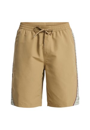 Costume da bagno corto in khaki con vita elastica e coulisse, caratterizzato da pannelli laterali a quadretti e bordi a contrasto.