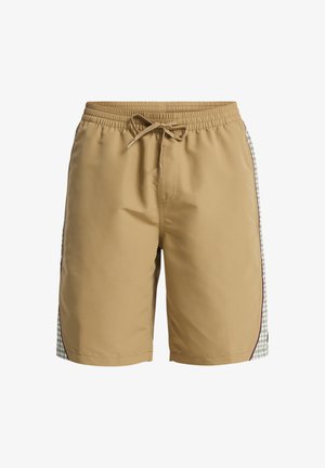 Costume da bagno corto in khaki con vita elastica e coulisse, caratterizzato da pannelli laterali a quadretti e bordi a contrasto.