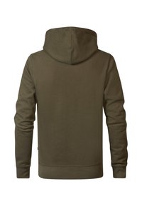 Oliwkowa zielona bluza z kapturem wykonana z bawełnianej mieszanki, z przestronnym kapturem, długimi rękawami oraz ściągaczami na mankietach i dole. Gładka tekstura, minimalistyczny design.