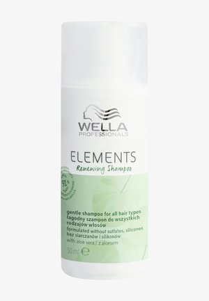 Lo shampoo rigenerante Wella Professionals Elements, in una bottiglia bianca e verde da 50 ml, presenta un tappo a ribalta e un design grafico a foglia.