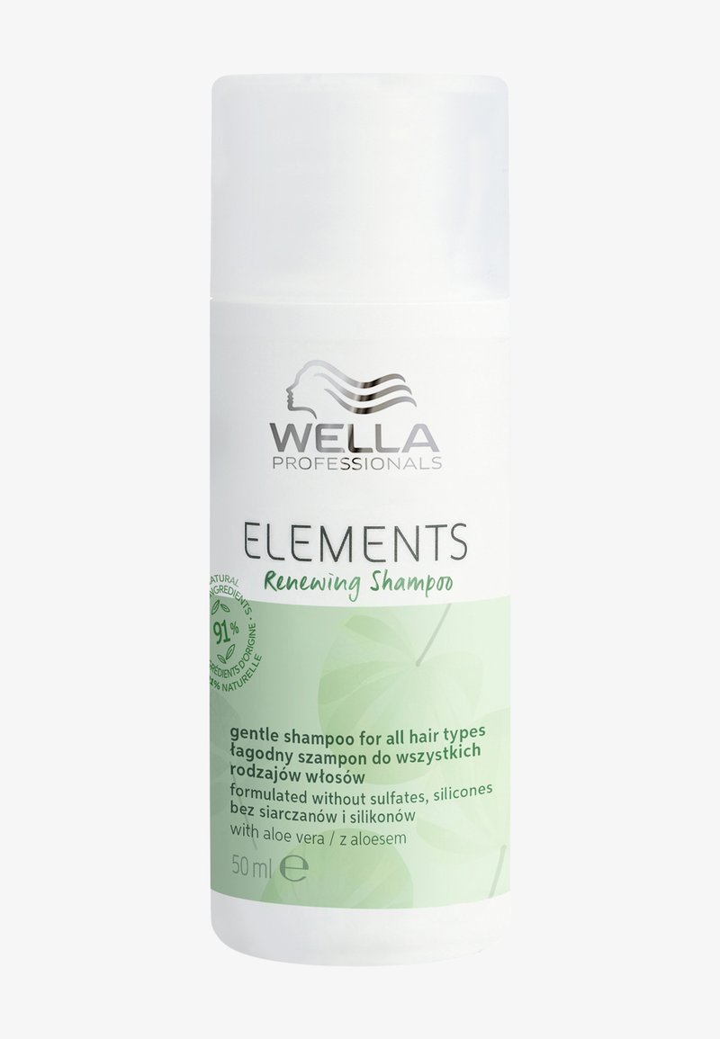 Le shampooing revitalisant Wella Professionals Elements, présenté dans un flacon blanc et vert de 50 ml, est doté d'un bouchon à clapet et d'un design graphique de feuille.