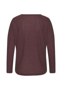 Bordeauxroter Strickpullover mit lockerer Passform, rundem Ausschnitt und langen Ärmeln. Strukturierter Stoff mit dezentem Muster, gerader Saum am Bottom.