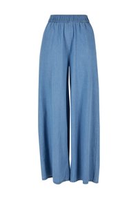 Pantalon large bleu clair avec taille élastique en denim doux.